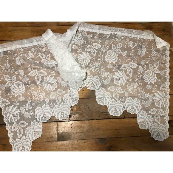 Vintage Lace Embroidered Window Curtain Drapery Swag Valance Floral - Picture 1 of 4